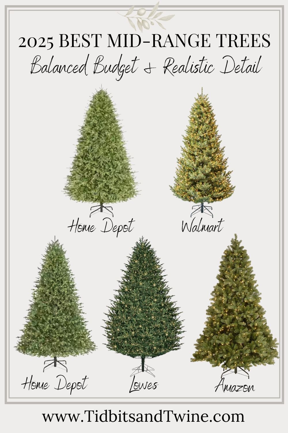 2025 Best Mid-Range Artificial Christmas Trees graphic featuring models from Home Depot, Walmart, Lowe’s, and Amazon.