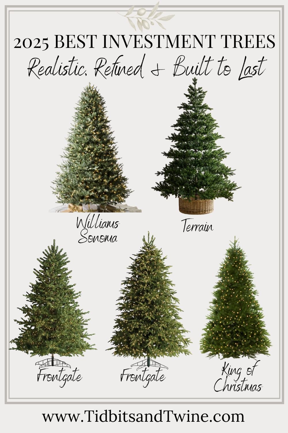2025 Best Investment Trees comparison chart featuring Frontgate, Terrain, Williams Sonoma, and King of Christmas trees.