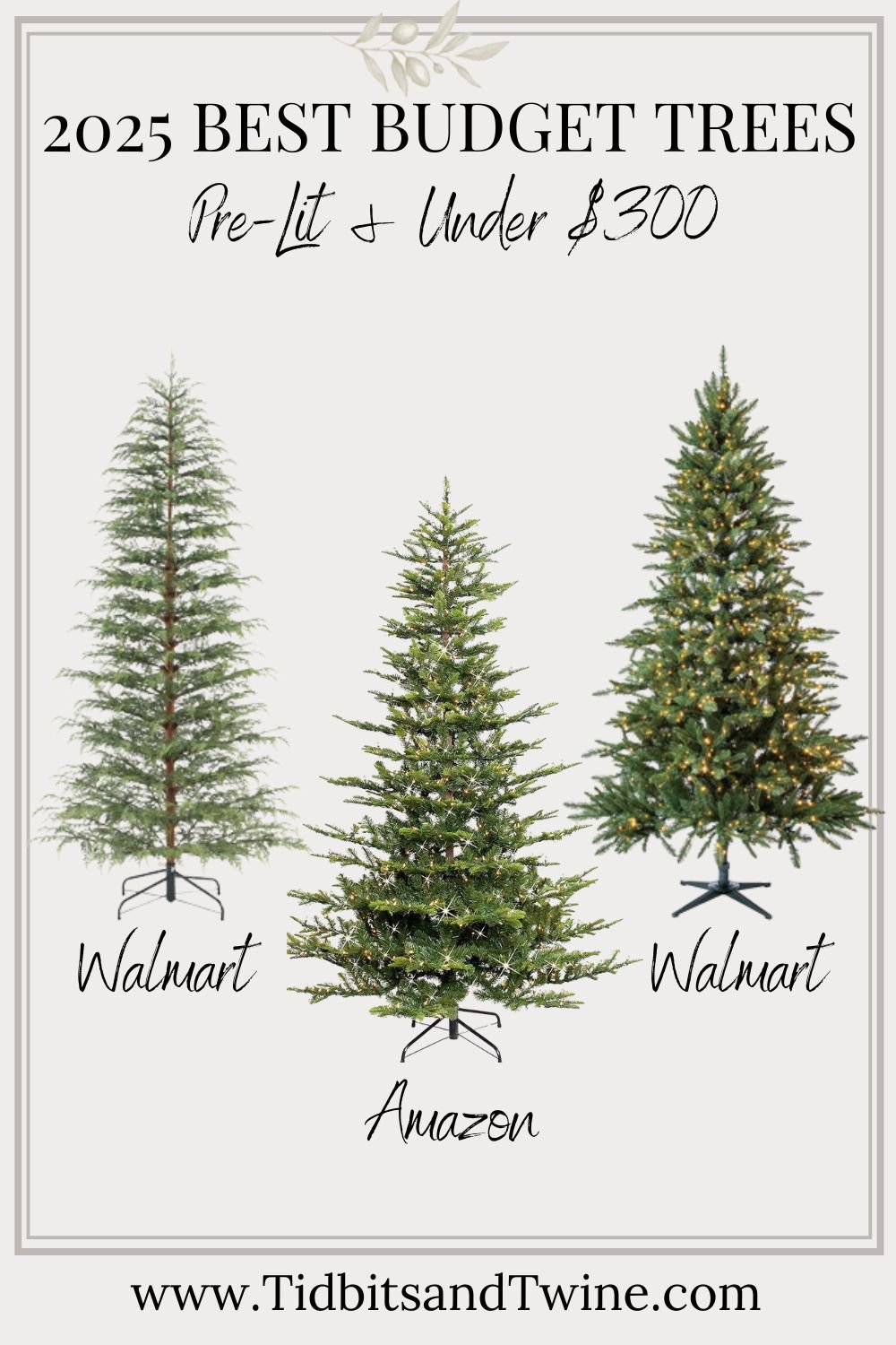 2025 Best Budget Artificial Christmas Trees graphic highlighting pre-lit Walmart and Amazon trees under $300.