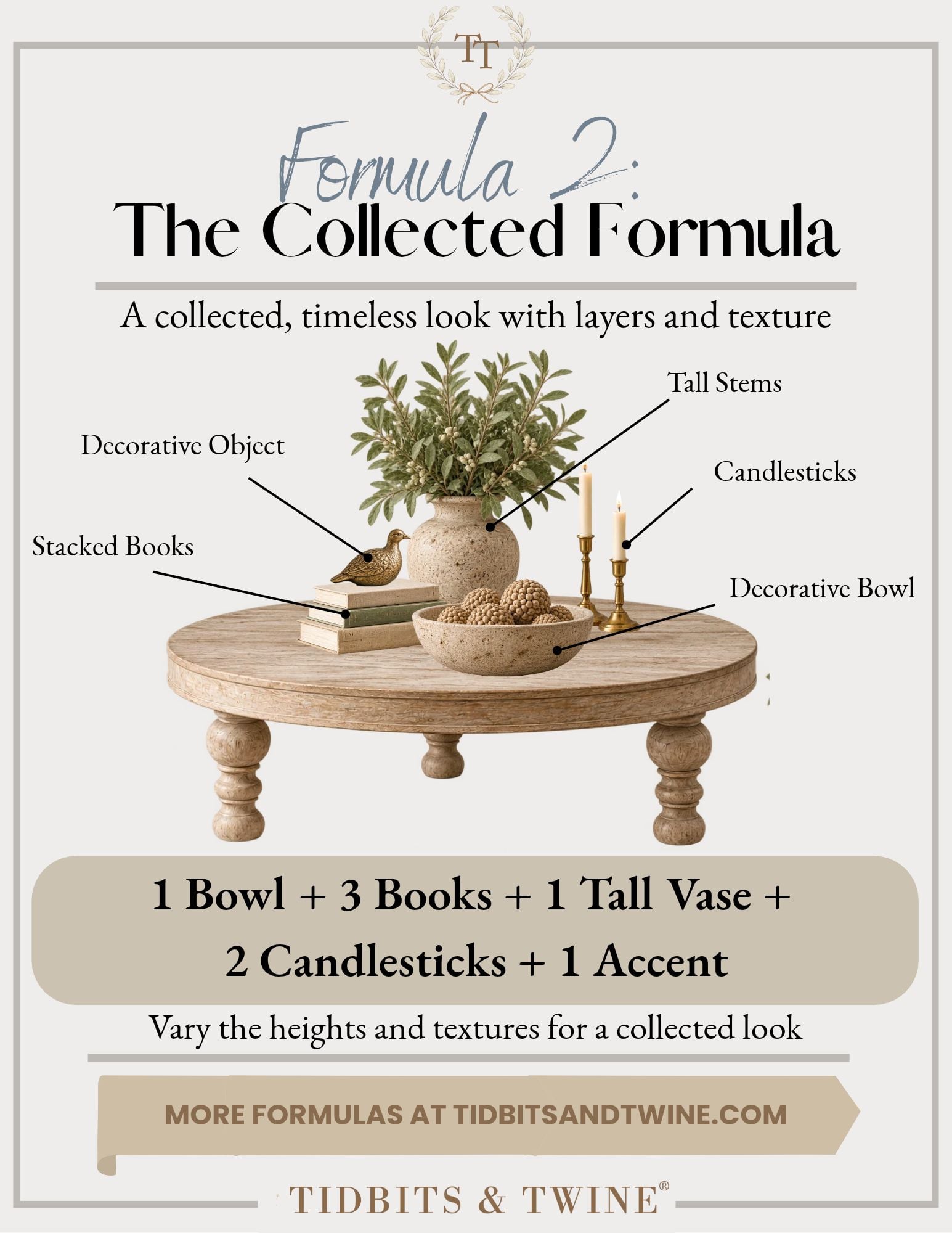 Collected coffee table styling formula featuring a decorative bowl, stacked books, vase of greenery, brass candlesticks, and a small bird figurine.