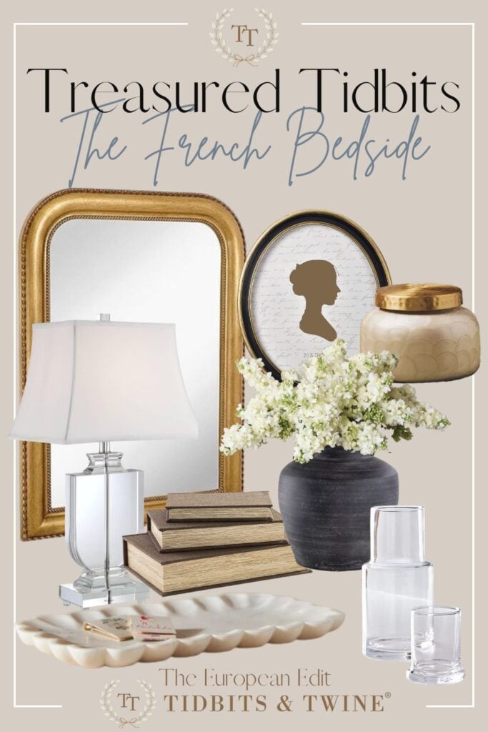 French-inspired nightstand decorating with mirror, lamp, books, and decorative accents