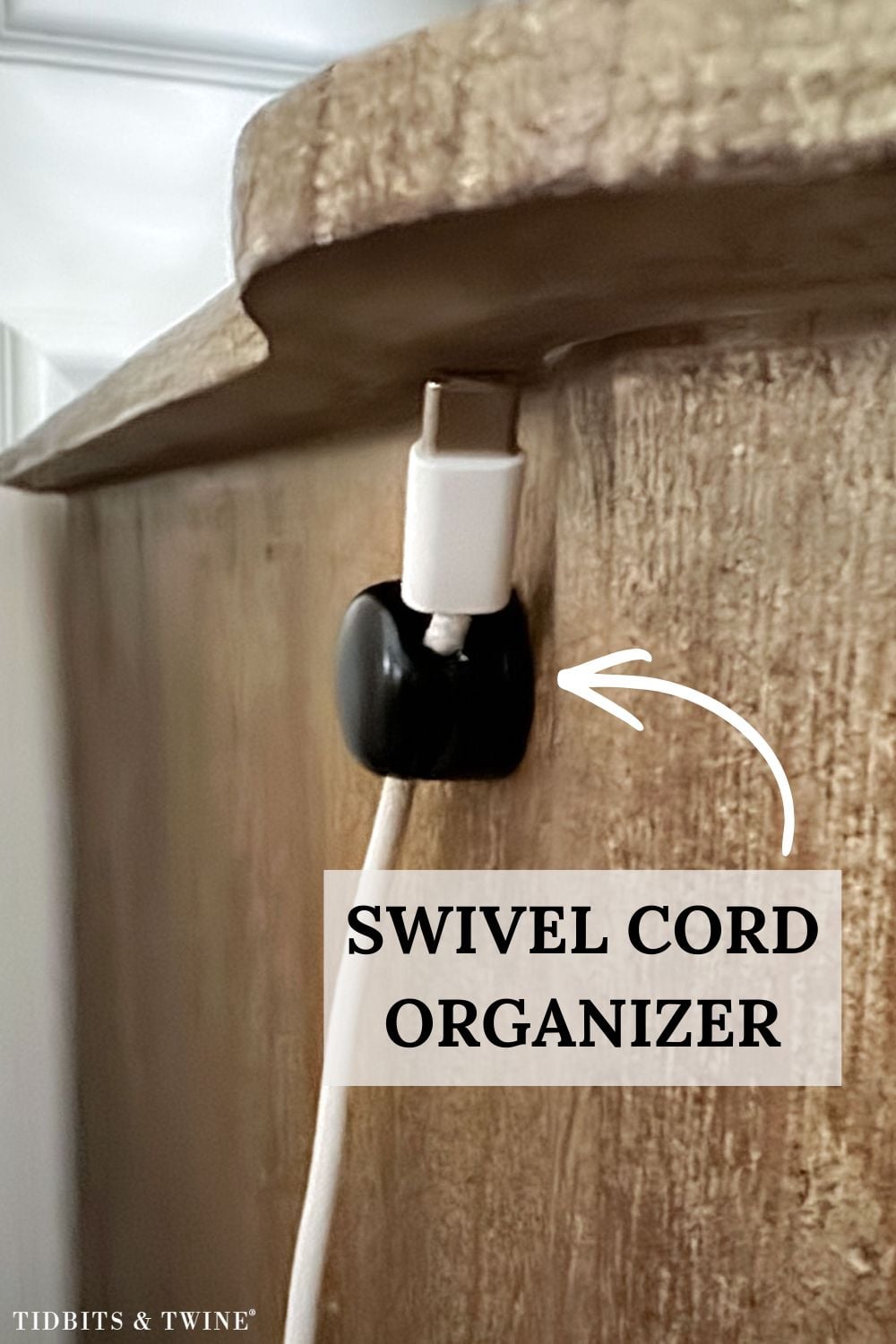 Nightstand decorating tip showing hidden cord organizer for a clean bedside setup