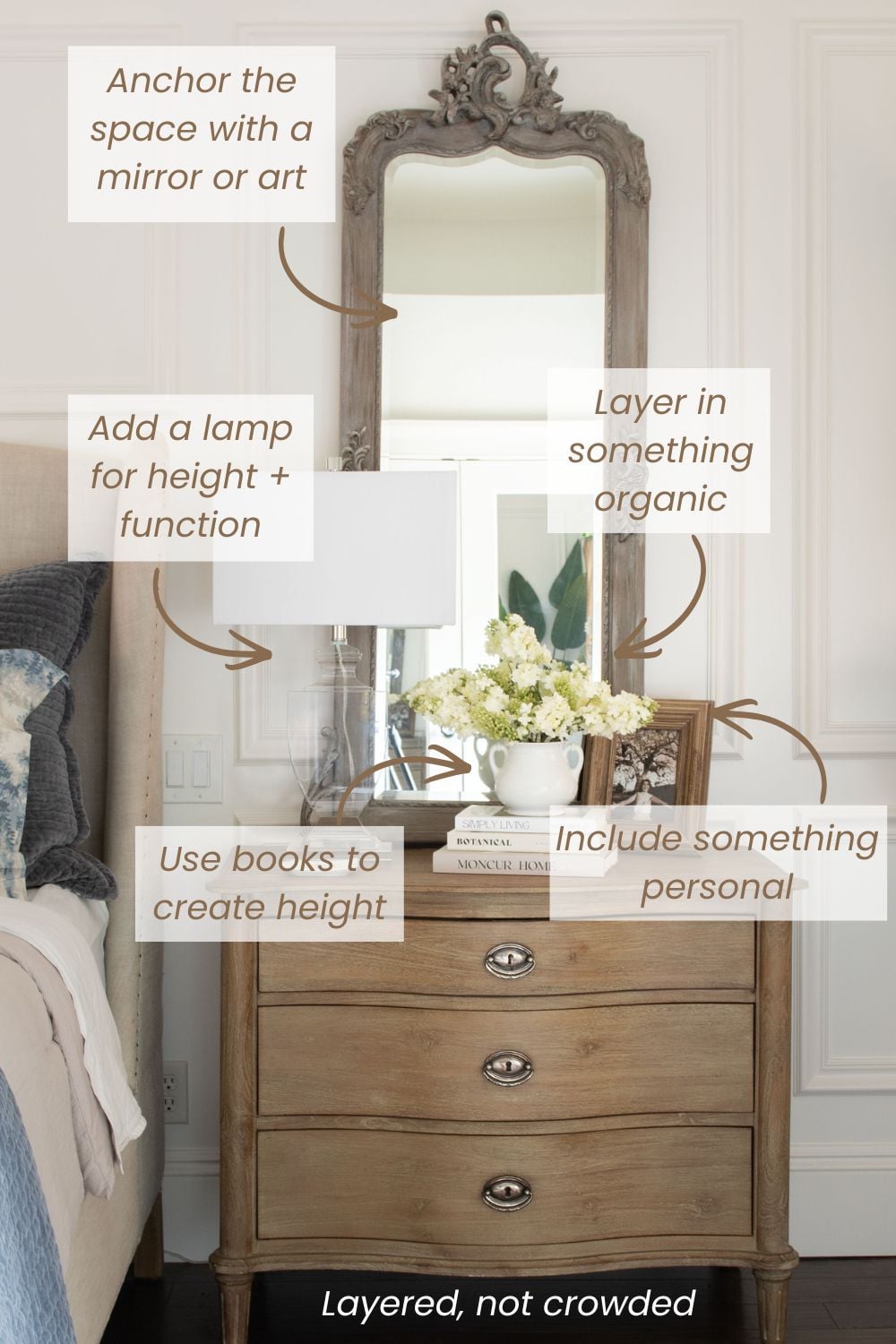 Nightstand decorating formula showing anchor, lamp, books, and layered accessories