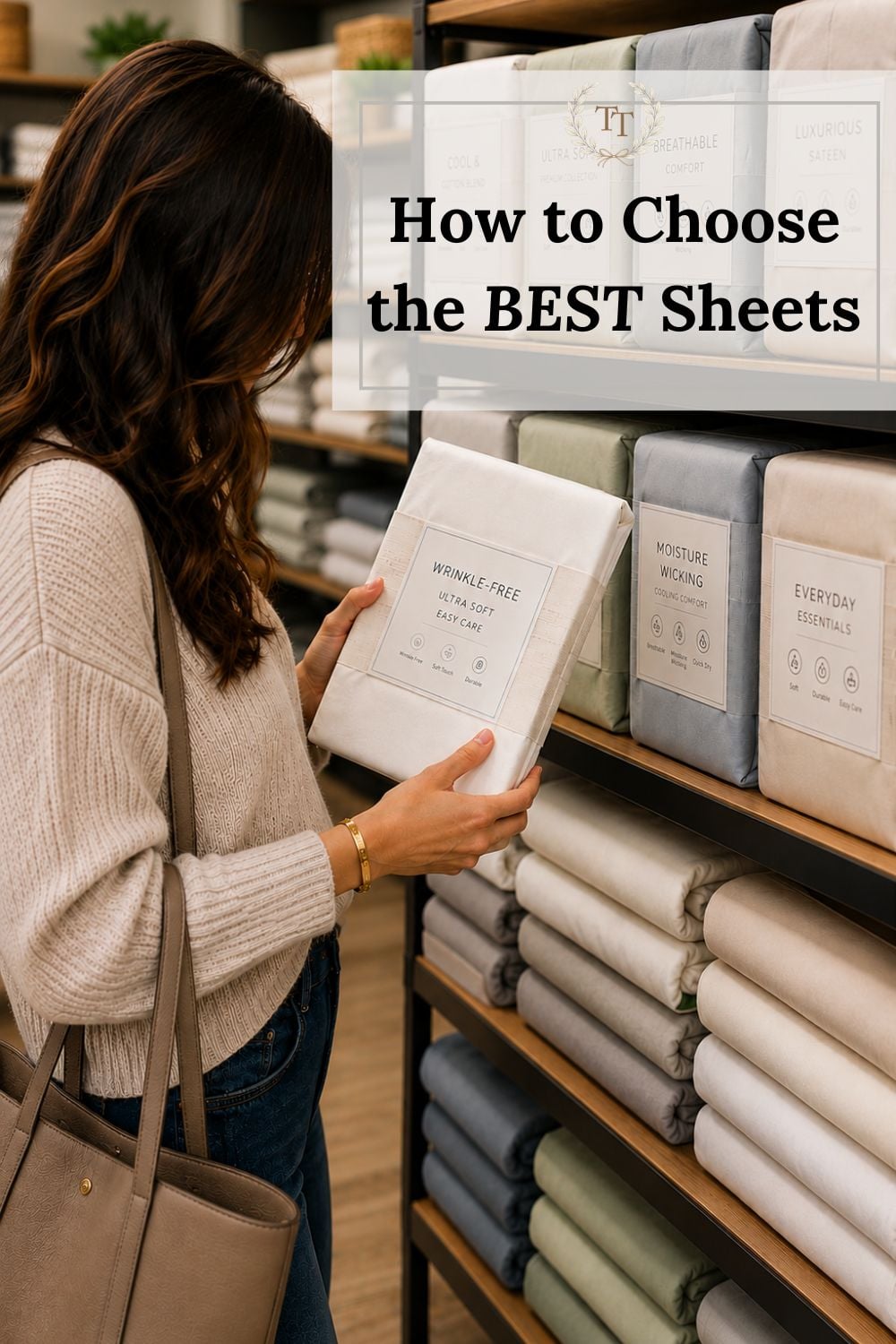 Woman comparing sheet sets while shopping for bed sheets in a home store