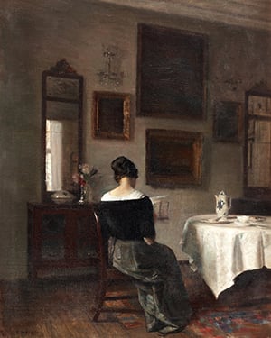 Carl Holsøe painting of a woman in a softly lit vintage interior