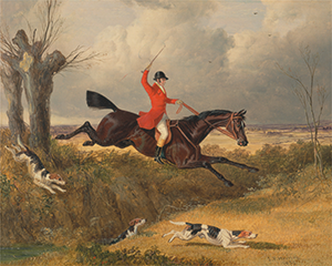 Vintage fox hunting print with riders on horseback and hounds in the English countryside