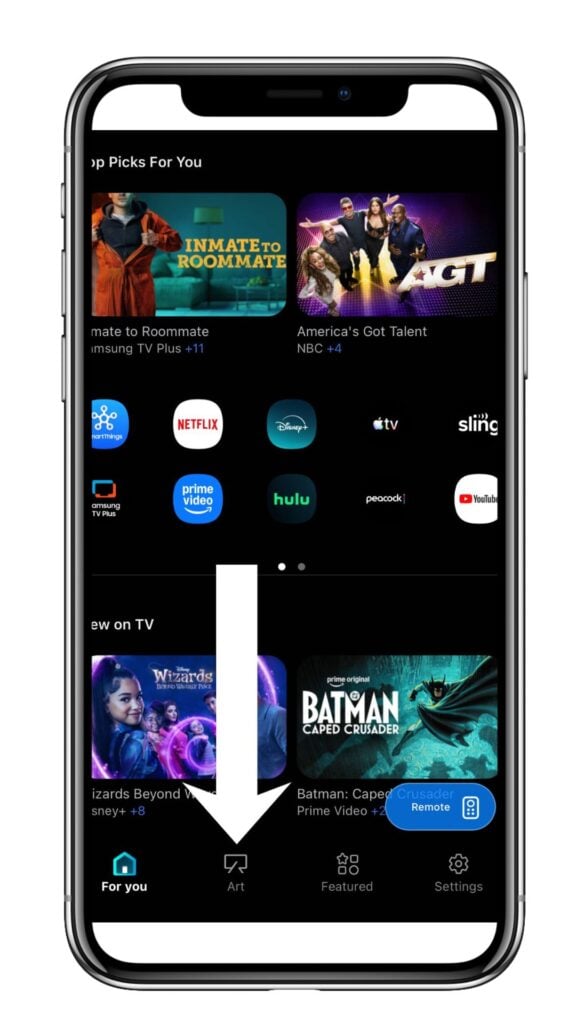 Art tab selected in the SmartThings app for a Samsung Frame TV