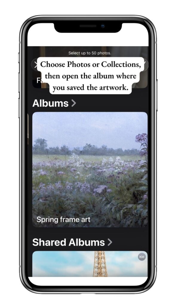 Selecting Frame TV artwork from a photo album on a phone