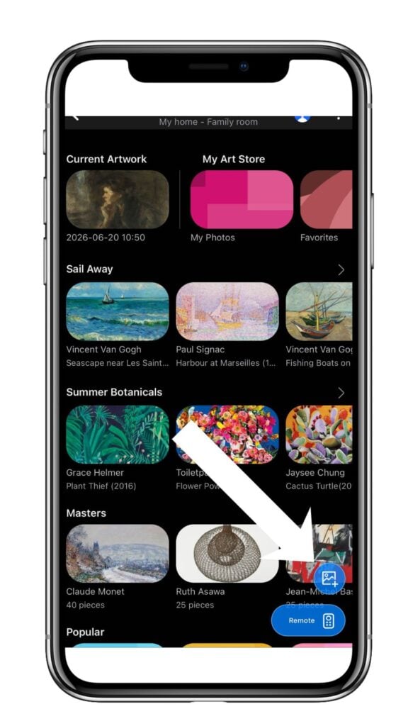 Photo upload icon for adding art to a Samsung Frame TV