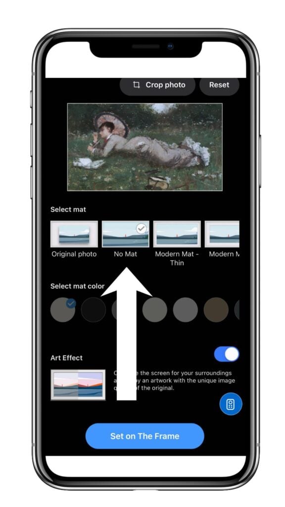 No Mat and Set on The Frame options in the SmartThings app