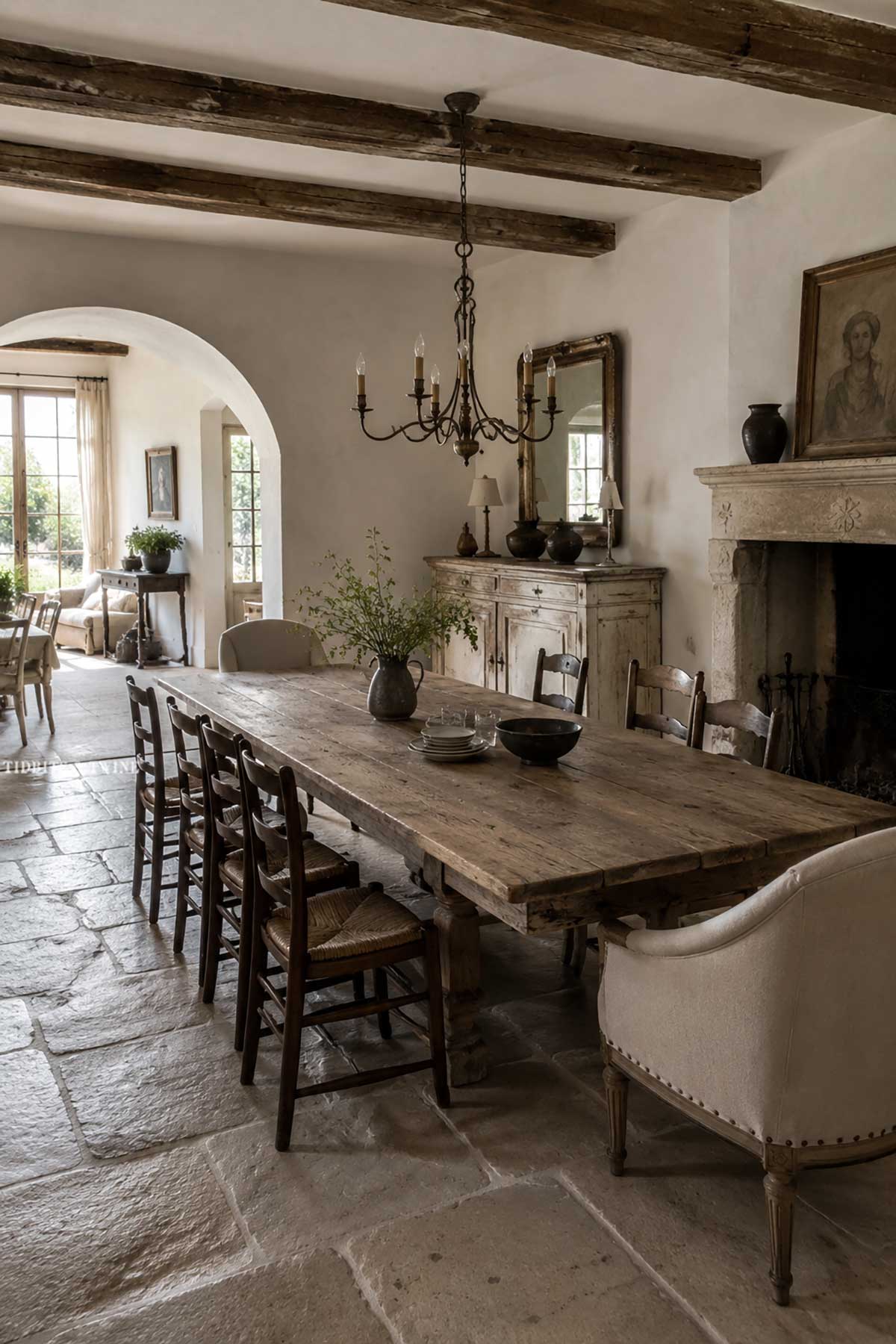 Belgian-style dining room with aged wood table, antique chairs, stone fireplace, and natural materials
