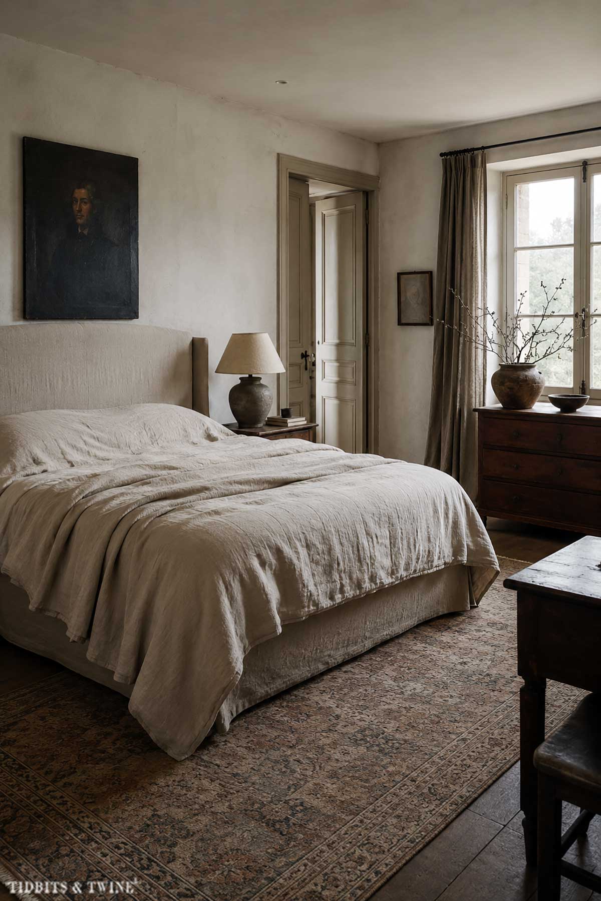 Belgian-style bedroom with layered linen bedding, antique wood furniture, faded rug, and restrained neutral colors
