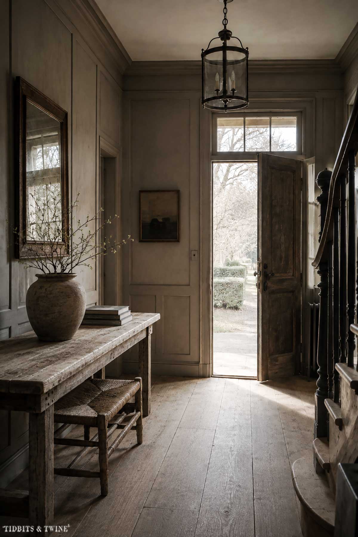 Belgian-style entryway with aged wood console, muted paneled walls, antique pottery, and natural wood floors