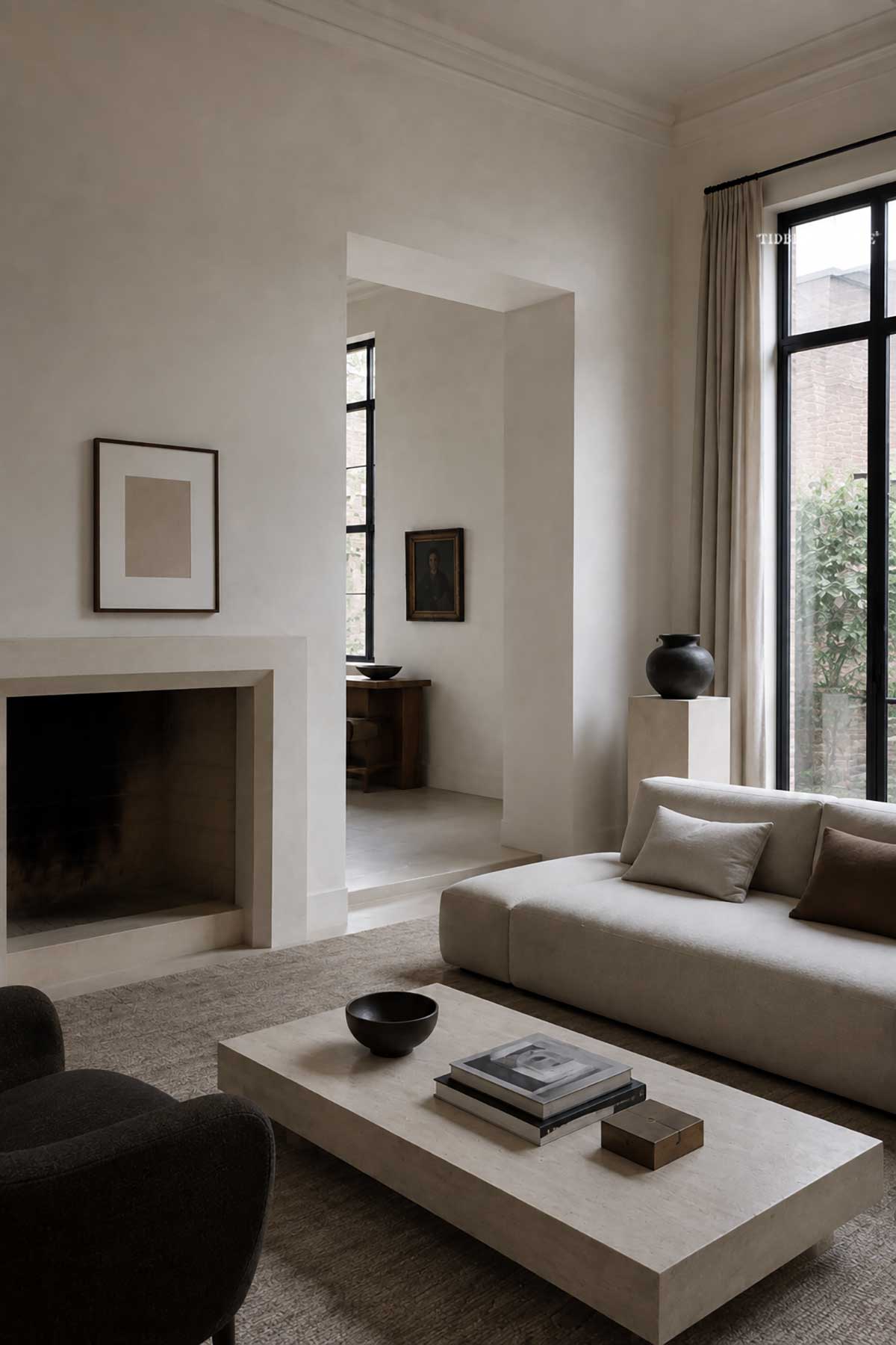 Contemporary Belgian living room with clean-lined neutral furniture, plaster walls, stone coffee table, and minimal styling