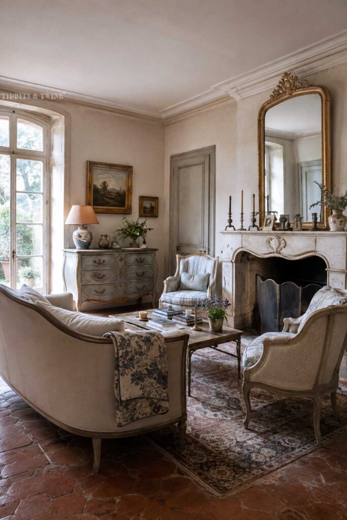 French Country living room with curved furniture, painted antiques, gilt mirror, faded color, and decorative details