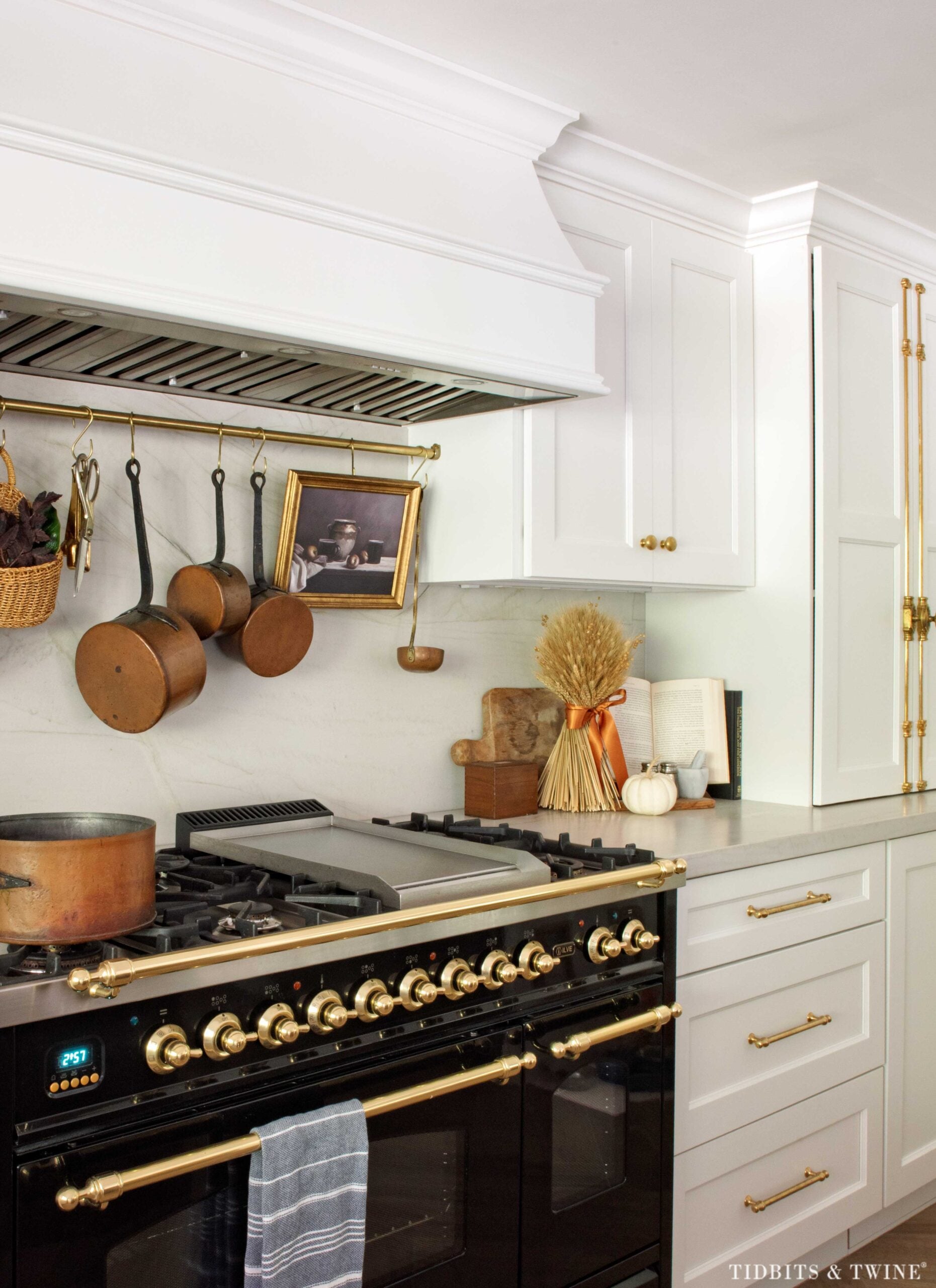 Vintage copper pots and framed still life displayed on a brass kitchen pot rail