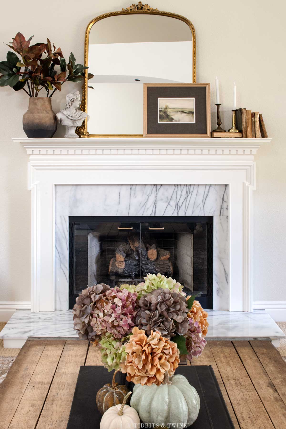Fall coffee table with decorated mantel