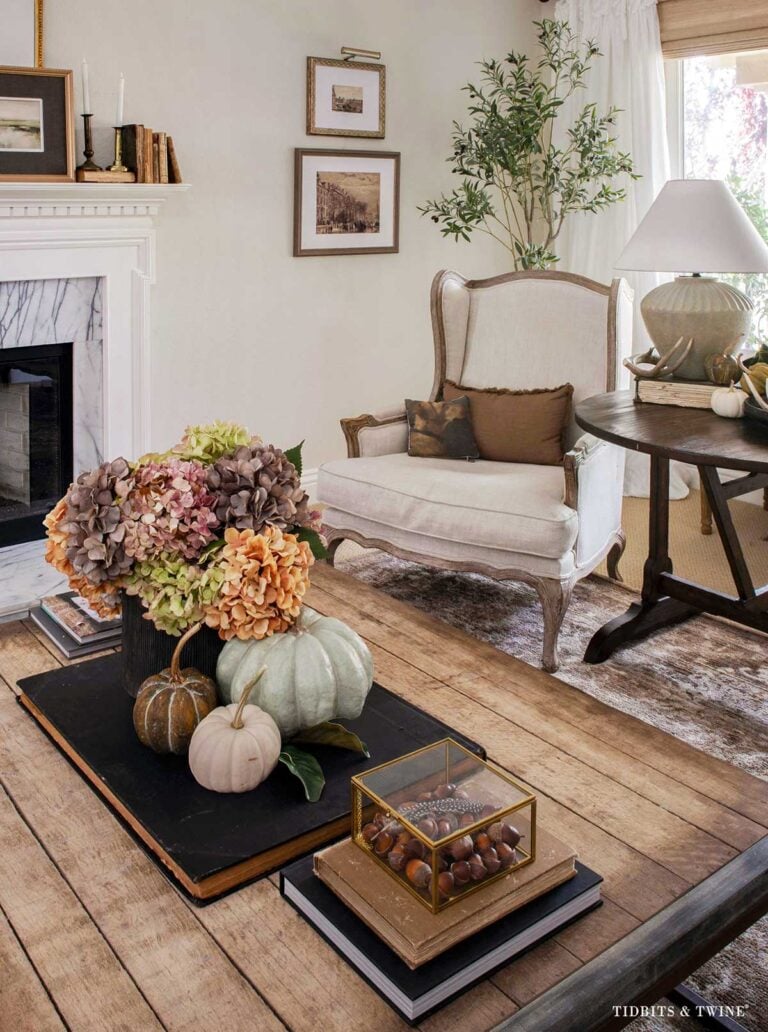 Fall living room with dried hydrangeas, pumpkins, antique books and natural seasonal decor