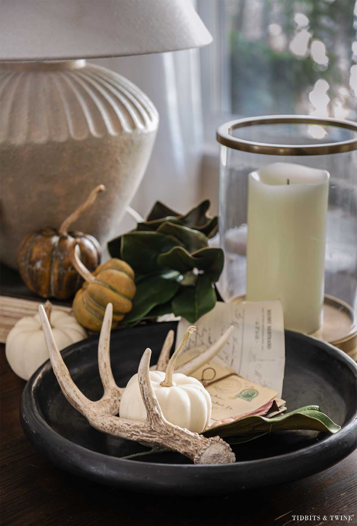 Black Tadelakt bowl filled with antlers, magnolia leaves, pumpkins and old papers