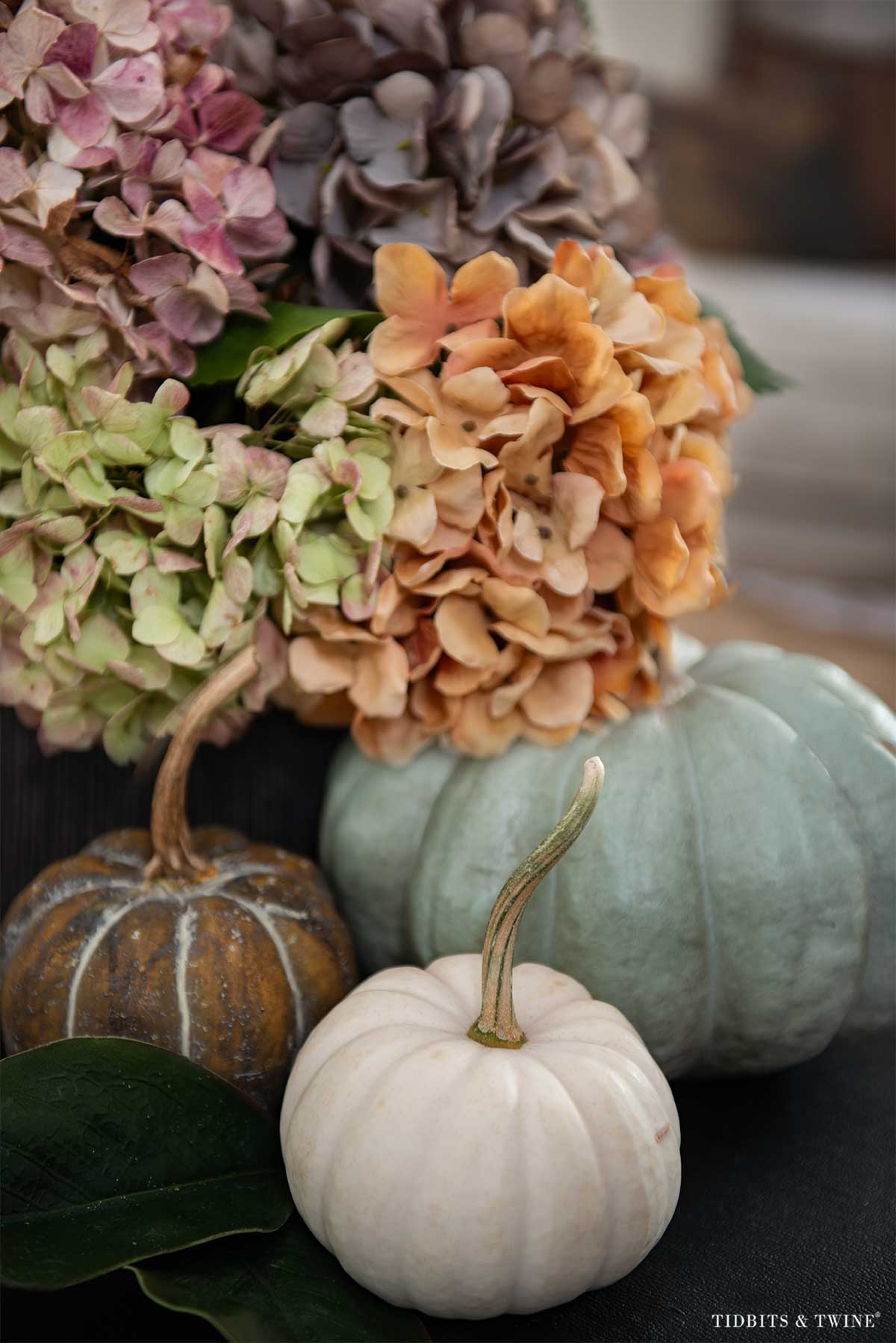 Real and faux pumpkins with dried hydrangeas and magnolia leaves