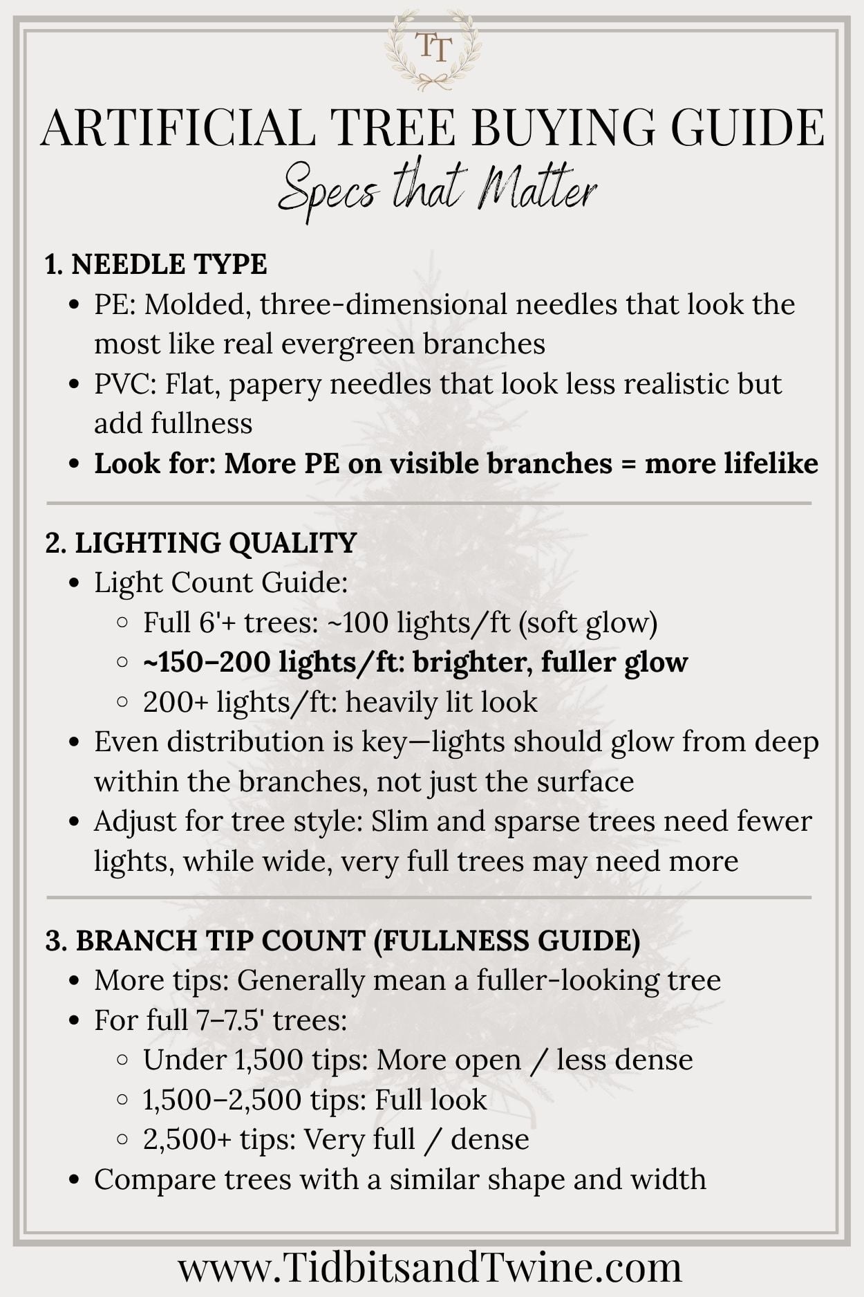 Artificial Christmas tree buying guide comparing PE vs PVC needles, light count, and branch tip count